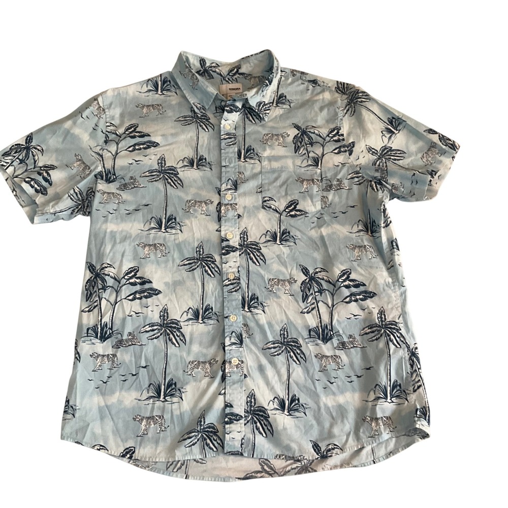 Sonoma Button Down Shirt Mens XL Blue Tiger Palm Tree Print Short Sleeve